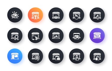 Market store icons. Online Marketplace, Wholesale Shop, Network Marketing. Store showcase, grocery shop, buyer icons. Retail seller, fresh market, food delivery. Marketplace app. Vector