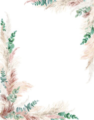 Watercolor pampas grass and eucalyptus border, frame,  garland. Boho dried grass  neutral colors bouquet. Botanical nature design isolated on white. Bohemian style wedding invitation, greeting, card