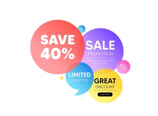 Discount offer bubble banner. Save 40 percent off tag. Sale Discount offer price sign. Special offer symbol. Promo coupon banner. Discount round tag. Quote shape element. Vector
