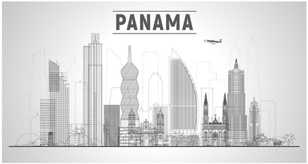 Panama City ( Panama ) line skyline with panorama in white background. Vector Illustration. Business travel and tourism concept with modern buildings. Image for presentation, banner, website. - obrazy, fototapety, plakaty