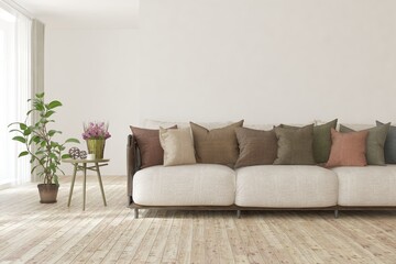 Fototapeta premium White living room with sofa. Scandinavian interior design. 3D illustration