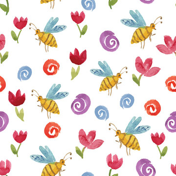 Seamless pattern from watercolor drawings of cartoon bees,red flowers and abstract colorful brush strokes