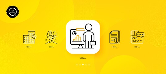 Fototapeta na wymiar Bitcoin project, Financial documents and Loan house minimal line icons. Yellow abstract background. Card, Teacher icons. For web, application, printing. Vector