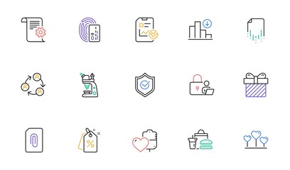 Fototapeta premium Surprise, Approved shield and Discount tags line icons for website, printing. Collection of Fast food, Microscope, Technical documentation icons. Report checklist, Lock, Card web elements. Vector