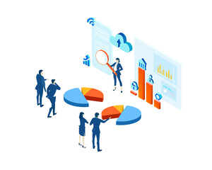 Isometric 3D business concept environment, Creative team working together, developing project, reading graphs, analysing data.