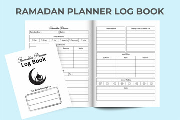 Ramadan planner log book KDP interior. KDP interior notebook. Ramadan meal planner and activity tracker template journal. Ramadan activity and fasting experience tracker logbook interior.