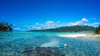 Crédence de cuisine en verre imprimé Bora Bora, Polynésie française Île de lune de miel en Polynésie française avec des eaux transparentes cristallines. Bungalows sur pilotis à Tahaa.