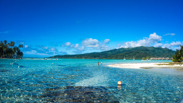 Honeymoon island in French Polynesia with crystal clear transparent waters. Overwater bungalows in Tahaa.