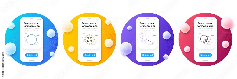 Poster Minimal set of Fake news, Recovery data and Diagram graph line icons for web development. Phone ui interface mockup with balls. Euler diagram icons. Vector