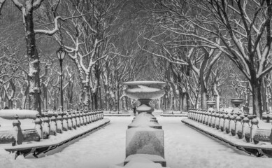 New York City Central Park Mall covered with white snow