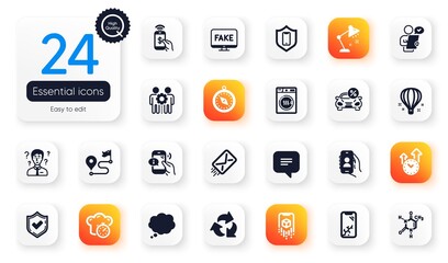 Set of Technology flat icons. Fake news, Journey and Smartphone protection elements for web application. Travel compass, User call, E-mail icons. Augmented reality, Smartphone broken. Vector