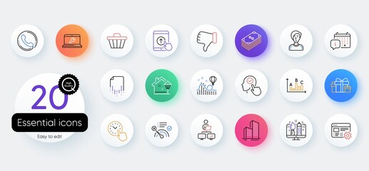Simple set of Businesswoman person, Web settings and Survey results line icons. Include Swipe up, Work home, Street light icons. Call center, Shop cart, Time management web elements. Vector