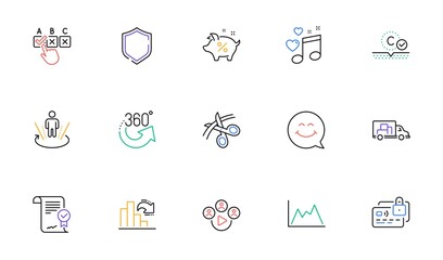 Scissors, Video conference and Decreasing graph line icons for website, printing. Collection of Correct checkbox, Approved agreement, Truck transport icons. 360 degrees, Diagram. Vector