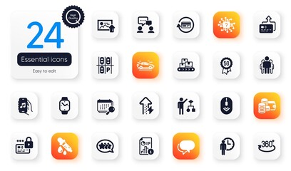 Set of Technology flat icons. Talk bubble, Upload photo and Algorithm elements for web application. Chemistry pipette, Waiting, Car icons. Stars, Refund commission, Calendar elements. Vector