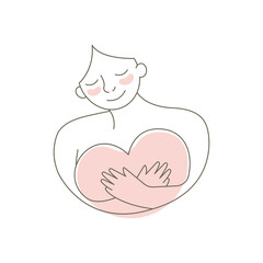 Girl with a heart in her hands. Vector outline illustration. Isolated.