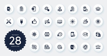 Set of Business icons, such as 360 degree, Crown and Cyber attack flat icons. Seo target, International recruitment, Health app web elements. Microscope, Passport warning, Ice cream signs. Vector
