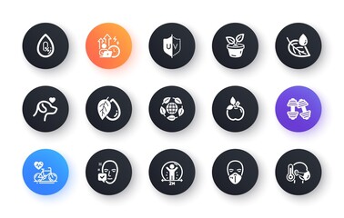 Minimal set of Mineral oil, Eco food and Dumbbells flat icons for web development. Difficult stress, Eco organic, Social distance icons. No alcohol, Medical mask, Leaves web elements. Vector