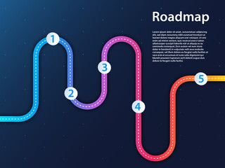 Roadmap infographic as configurable presentation template in dark design. Winding road with milestones.