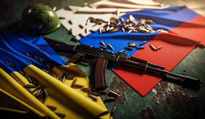 War on Ukraine with Russia - 3d render concept with ak47 rifle and Ukraine and the Russian flag.