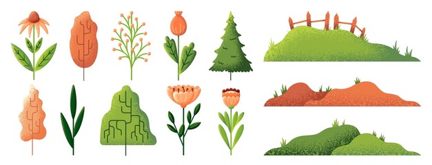 Flat decorative flowers. Textured landscape elements, floral bouquet, herbs and wildflowers. Green hills with wooden fence. Summer swanky tree and plants vector set