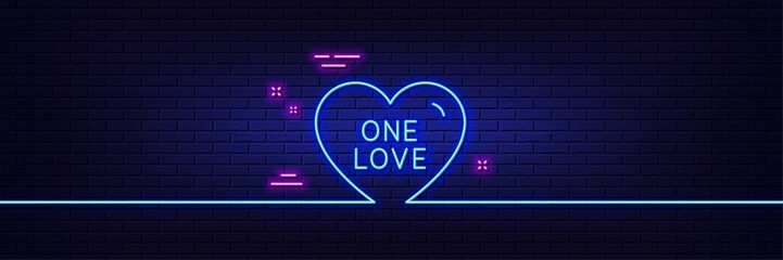 Neon light glow effect. One love line icon. Sweet heart sign. Valentine day symbol. 3d line neon glow icon. Brick wall banner. One love outline. Vector