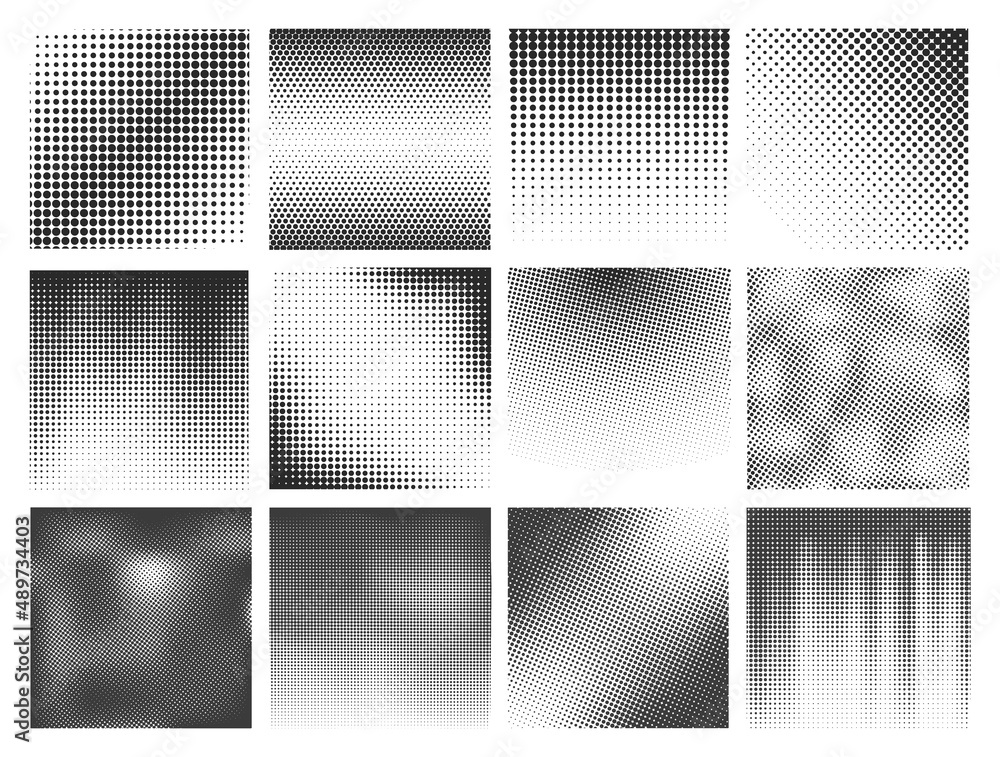 Poster halftone dots texture set. grainy explosion and halftones gradients templates. geometric pop art sty