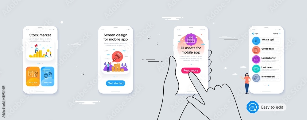 Poster algorithm, brush and wholesale inventory minimal line icons. phone ui interface. inspect, constructi