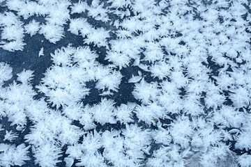Beautiful effect - snow stars on ice. A pattern that forms only in severe, winter frost