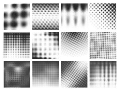 Halftone dots texture set. Grainy explosion and halftones gradients templates. Geometric pop art style decorations, digital design exact vector elements