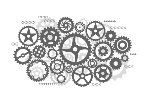 Gears tech background. Engineering computing gear network, communication and teamwork metaphor. Electronic wheels, technology exact vector banner
