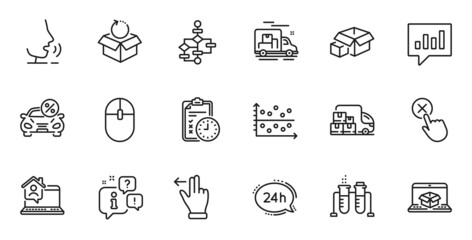 Outline set of Reject click, Packing boxes and Delivery truck line icons for web application. Talk, information, delivery truck outline icon. Vector