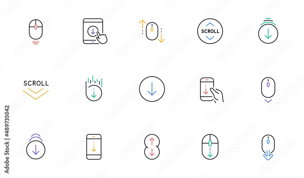 Poster scroll down line icons. scrolling mouse, landing page swipe signs. mobile device technology icons. w