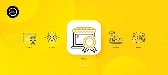 Fototapeta na wymiar Reject certificate, Cardio bike and Augmented reality minimal line icons. Yellow abstract background. Best market, Engineering team icons. For web, application, printing. Vector