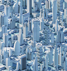 3D City rendering illustration with skyscrapers, office blocks and streets