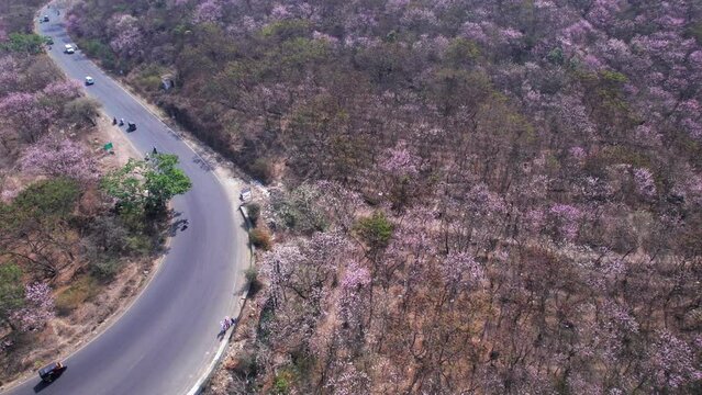 Aerial view of the Pune Bangalore highway at Katraj ghat near Pune India.