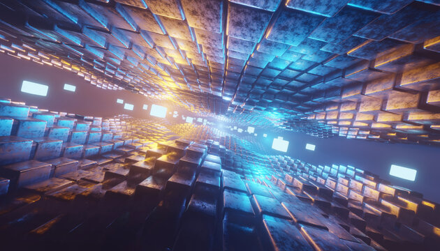Sci fi technology background, Futuristic sci-fi corridor with metal shapes and glowing neon lights. Abstract technology background. 3D rendering