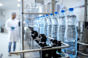 Bottling factory interior and bottles of water ordered in line ready for distribution.