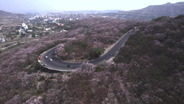 Aerial view of the Pune Bangalore highway at Katraj ghat near Pune India.