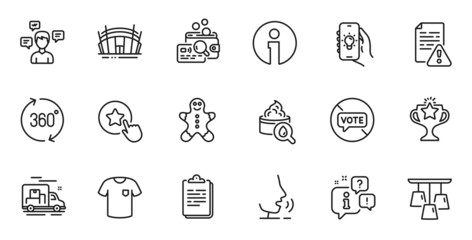Outline set of Electric app, Victory and T-shirt line icons for web application. Talk, information, delivery truck outline icon. Include Gingerbread man, Stop voting, Inspect icons. Vector