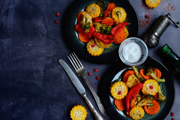 Grilled vegetables on plates, top view. Layout, copy space