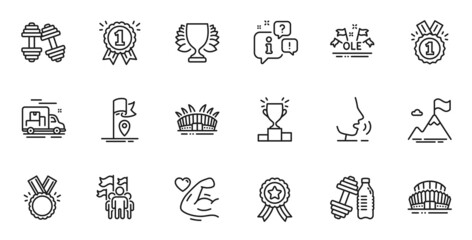 Outline set of Winner podium, Dumbbell and Sports stadium line icons for web application. Talk, information, delivery truck outline icon. Include Winner, Ole chant, Mountain flag icons. Vector
