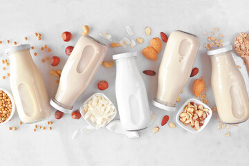 Vegan, plant based, non dairy milk. Variety in milk bottles with scattered ingredients. Above view...