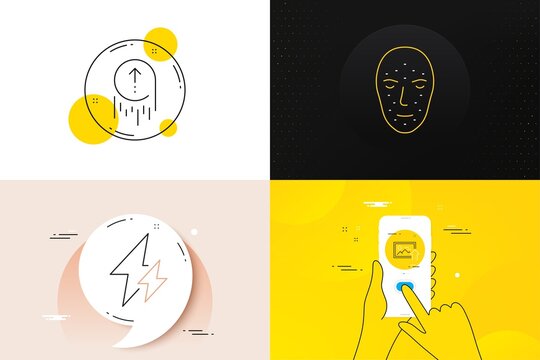 Minimal set of Electricity, Face biometrics and Upload photo line icons. Phone screen, Quote banners. Swipe up icons. For web development. Vector