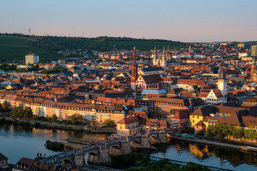 Fototapeta na wymiar View from Marienberg Fortress with sunset over the river Main and the streets from Würzburg in Germany.