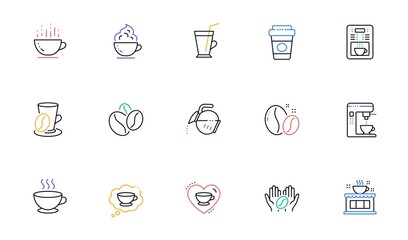 Coffee line icons. Beans, hot cocktail and coffee maker machine. Espresso cup, cappuccino with whipped cream line icons. Latte vending machine and roasted beans. Linear set. Vector