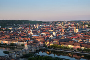 View from Marienberg Fortress with sunset over the river Main and the streets from Würzburg in Germany.