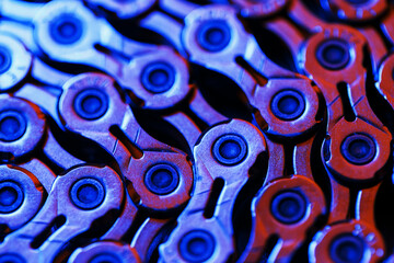 The texture of a shiny bicycle chain with a bluish-purple backlight