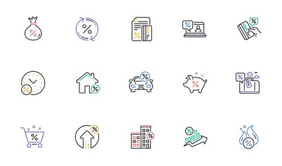 Loan line icons. Investment, Interest rate and Percentage diagram. Car leasing linear icon set. Bicolor outline web elements. Vector
