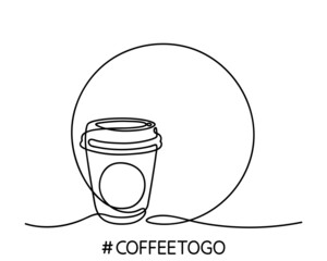Paper Cup of tea or coffee. Coffee drink made of single continuous line. Coffee to go concept, for fast food cafe design. Vector