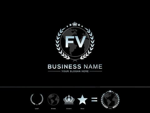 FV Creative Two Letters Logo, Initial fv letter Logo Icon Vector and Unique circle Leaf Globe Royal Crown and Star